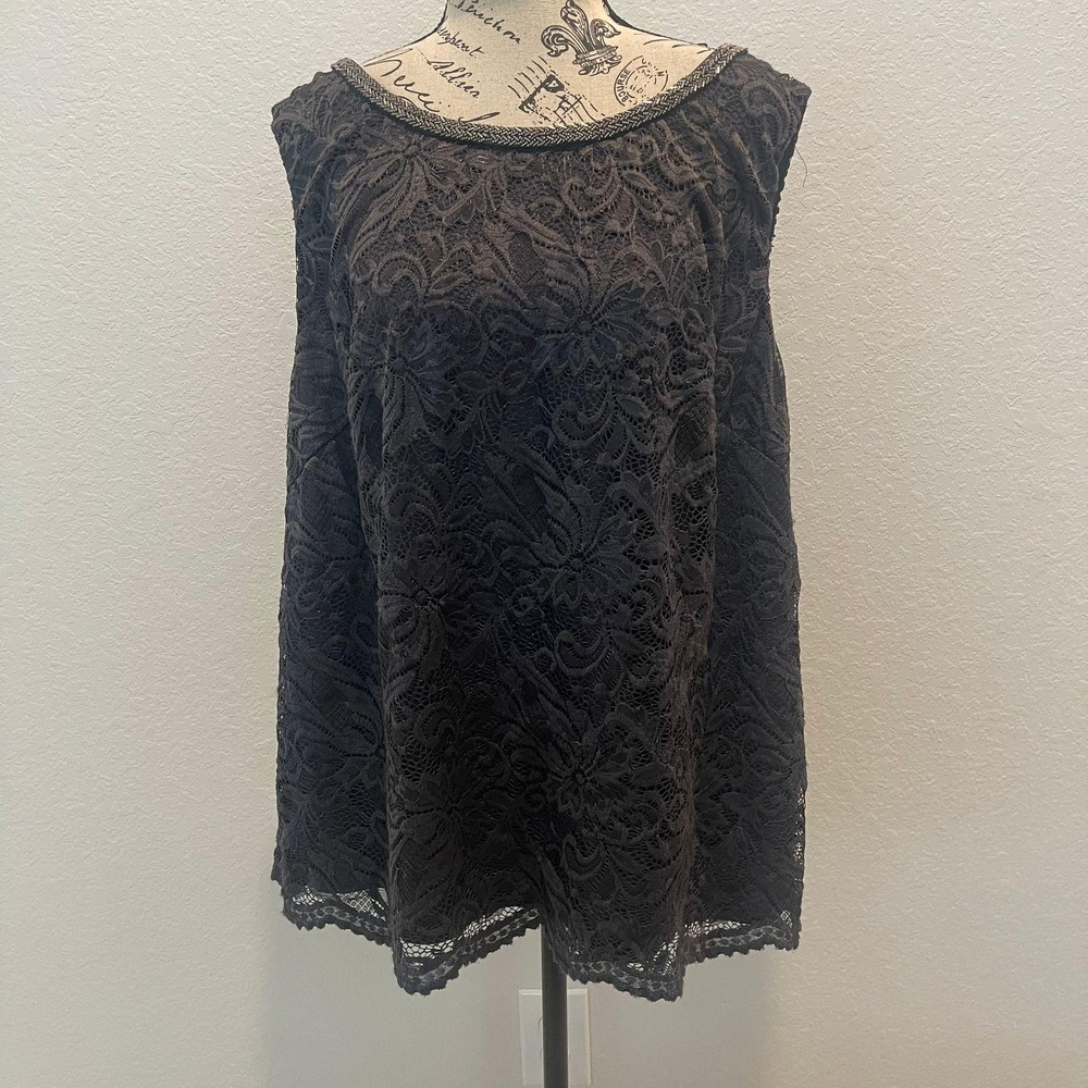 LE BOS Women's 18W Black Lace Neck Sleeveless V-Neck‎ Top Casual Feminine